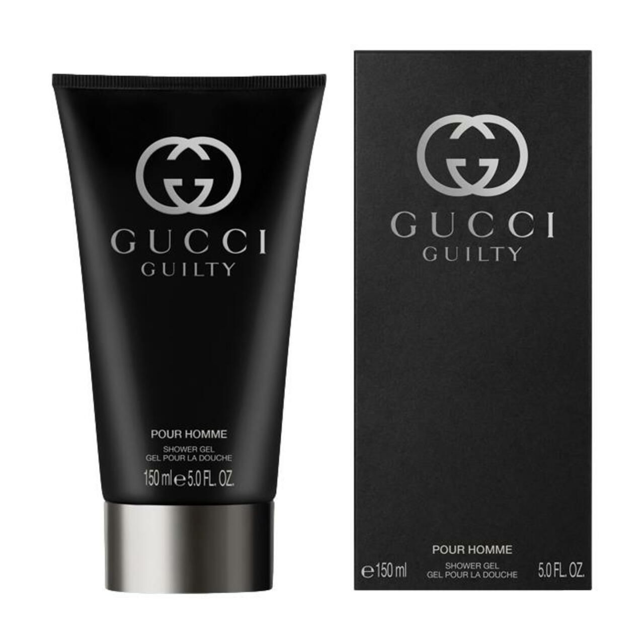 Tubo e scatola neri Gucci Guilty Pour Homme. Logo argento. Scritta 150 ml. Dettagli argento.