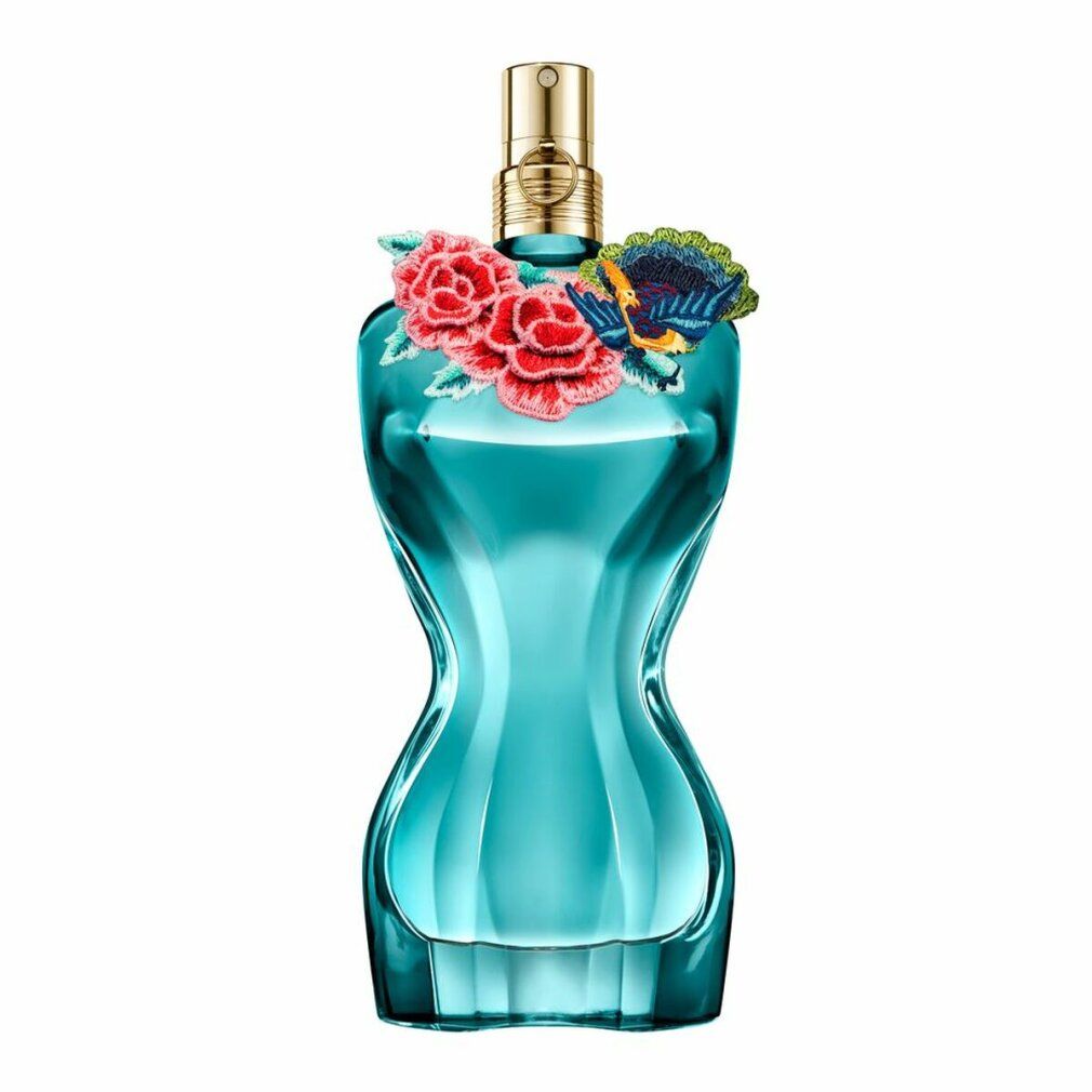 Flacone di profumo azzurro con decorazioni floreali e vaporizzatore dorato. Flacone a forma di corpo femminile.