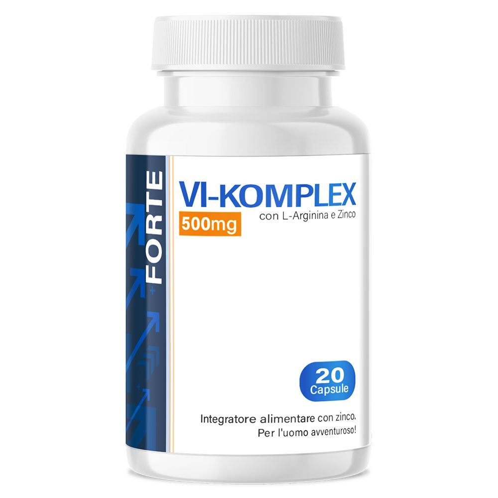 Flacone bianco di capsule. Scritta: VI-Komplex, 500mg, 20 capsule. Contiene L-Arginina & Zinco. Integratore alimentare.