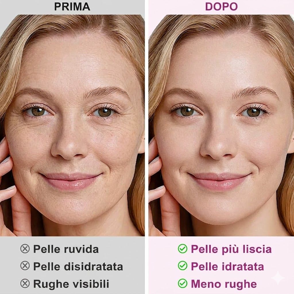 Confronto prima-dopo. Prima: pelle ruvida, disidratata, rughe visibili. Dopo: pelle più liscia, idratata, meno rughe.