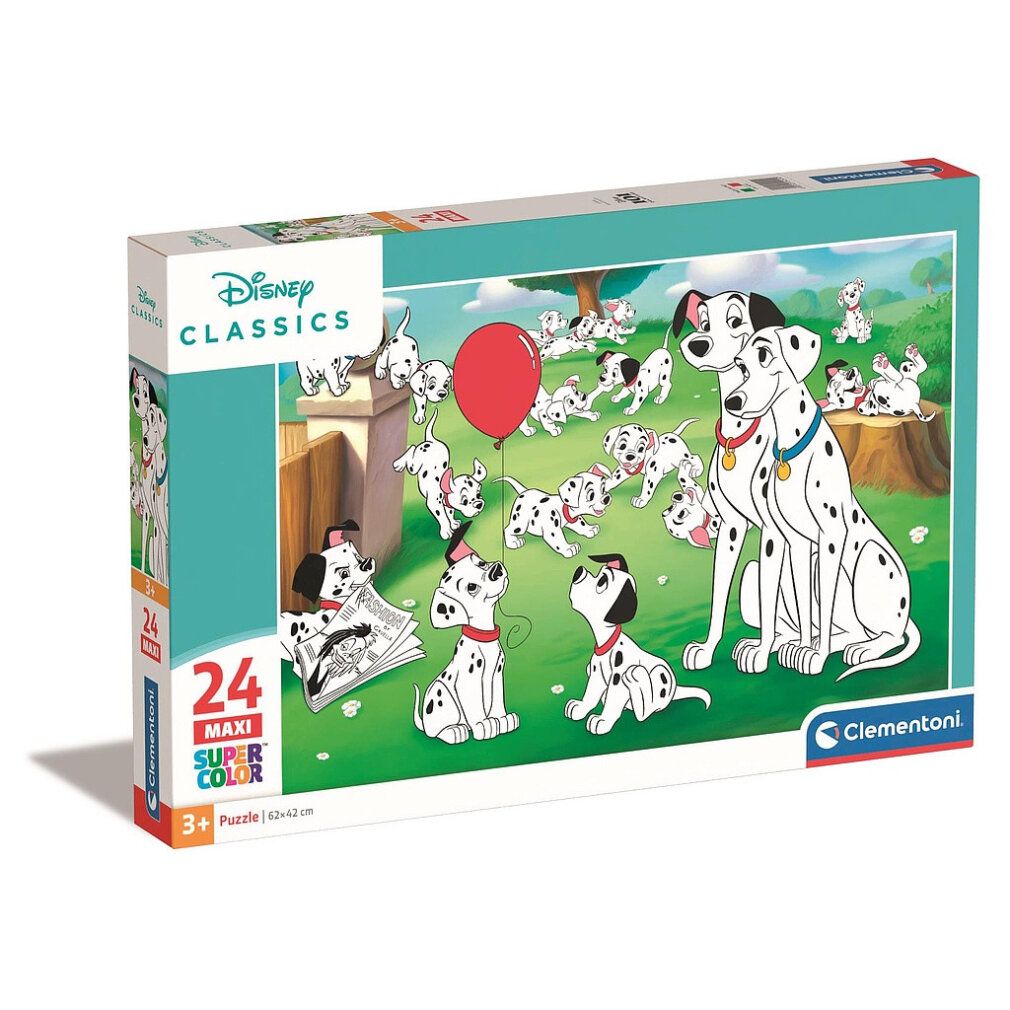 Clementoni Puzzle Disney: 101 Dalmatiner maxi, 24 pezzi. La confezione mostra il motivo del puzzle. Logo Disney Classics.