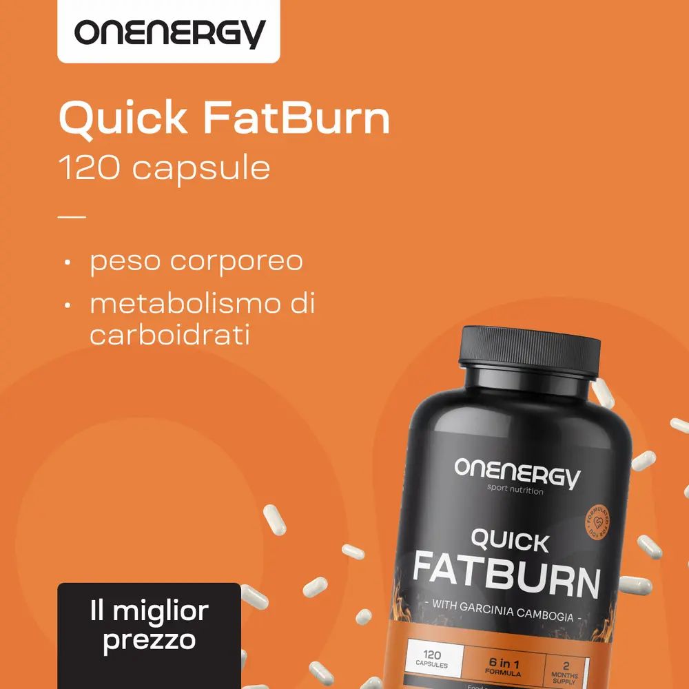 Flacone "OnEnergy Quick FatBurn" con capsule. Testo: "120 capsule". Testo: "Il miglior prezzo".
