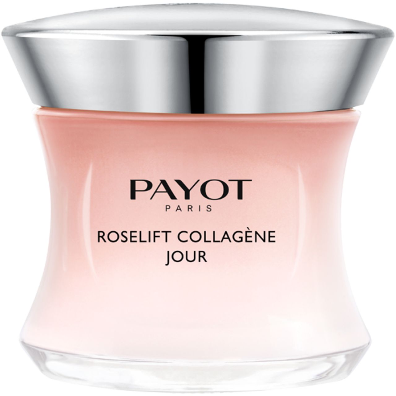 Vaso di crema con coperchio argentato. Scritta PAYOT PARIS e ROSE LIFT COLLAGÈNE JOUR.