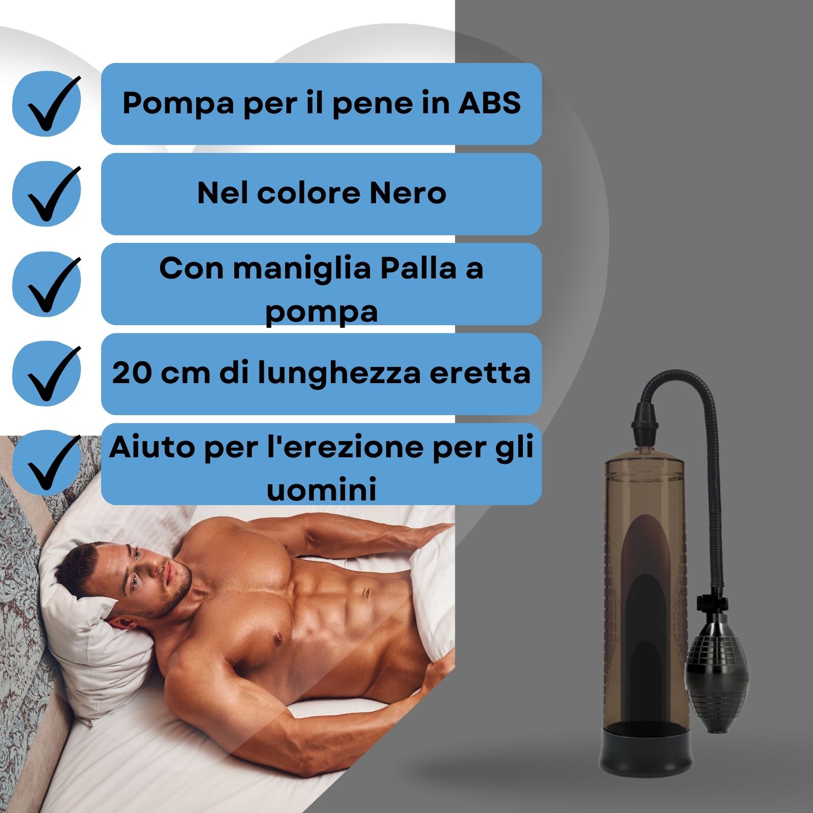 Pompa con cilindro, bulbo e tubo. Uomo a letto. Testo: Aiuto per l'erezione per gli uomini.