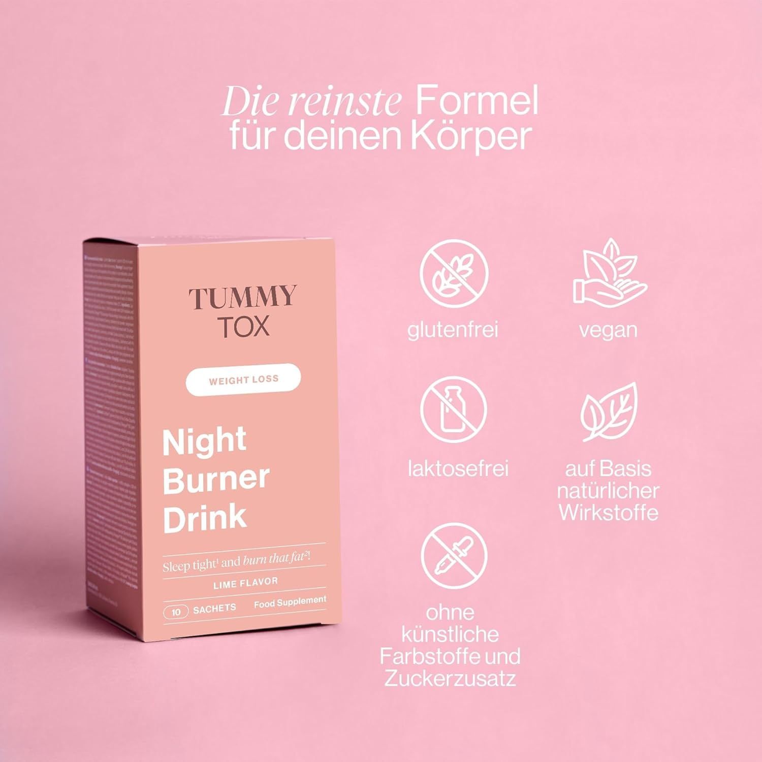 Scatola rosa con Night Burner Drink. Loghi: senza glutine, vegano, senza lattosio, a base di ingredienti naturali, senza coloranti e zuccheri aggiunti.