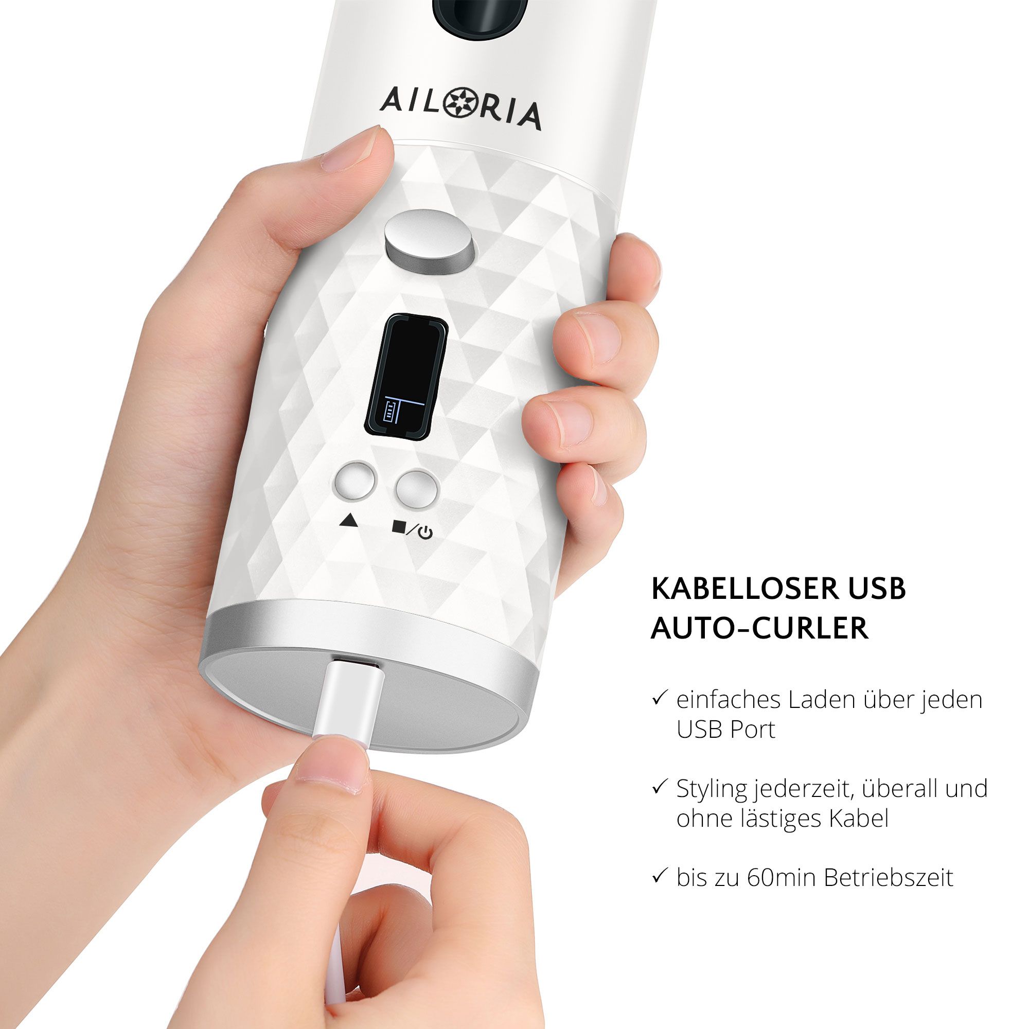 Arricciacapelli con porta USB. Logo AILORIA. Display digitale. Ricarica wireless. Fino a 60 minuti di autonomia.