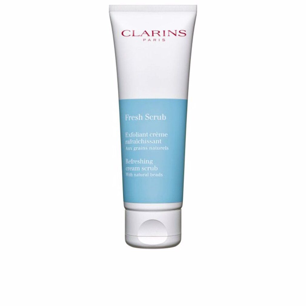 Tubo Clarins Fresh Scrub con striscia blu e tappo bianco. Contiene fini perle naturali.