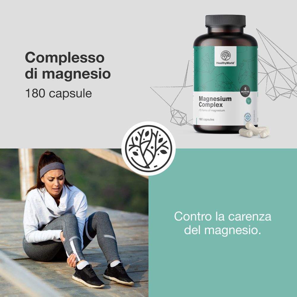 Immagine pubblicitaria con flacone e capsule. Testo: Complesso di magnesio, 180 capsule. Testo: Una scorta per 6 mesi, 5 forme diverse di magnesio. Il miglior prezzo.