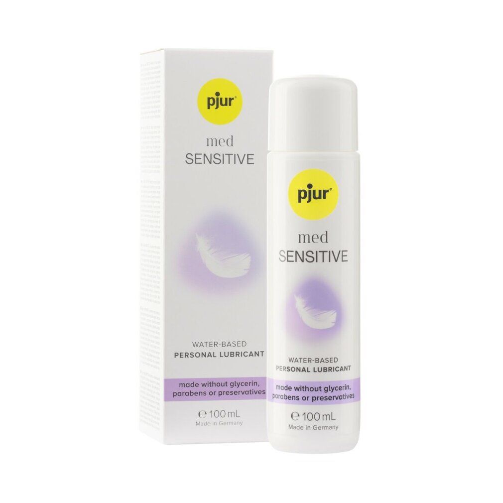 pjur med Sensitive, lubrificante personale. Flacone e confezione da 100 ml. A base d'acqua, senza glicerina, parabeni e conservanti.