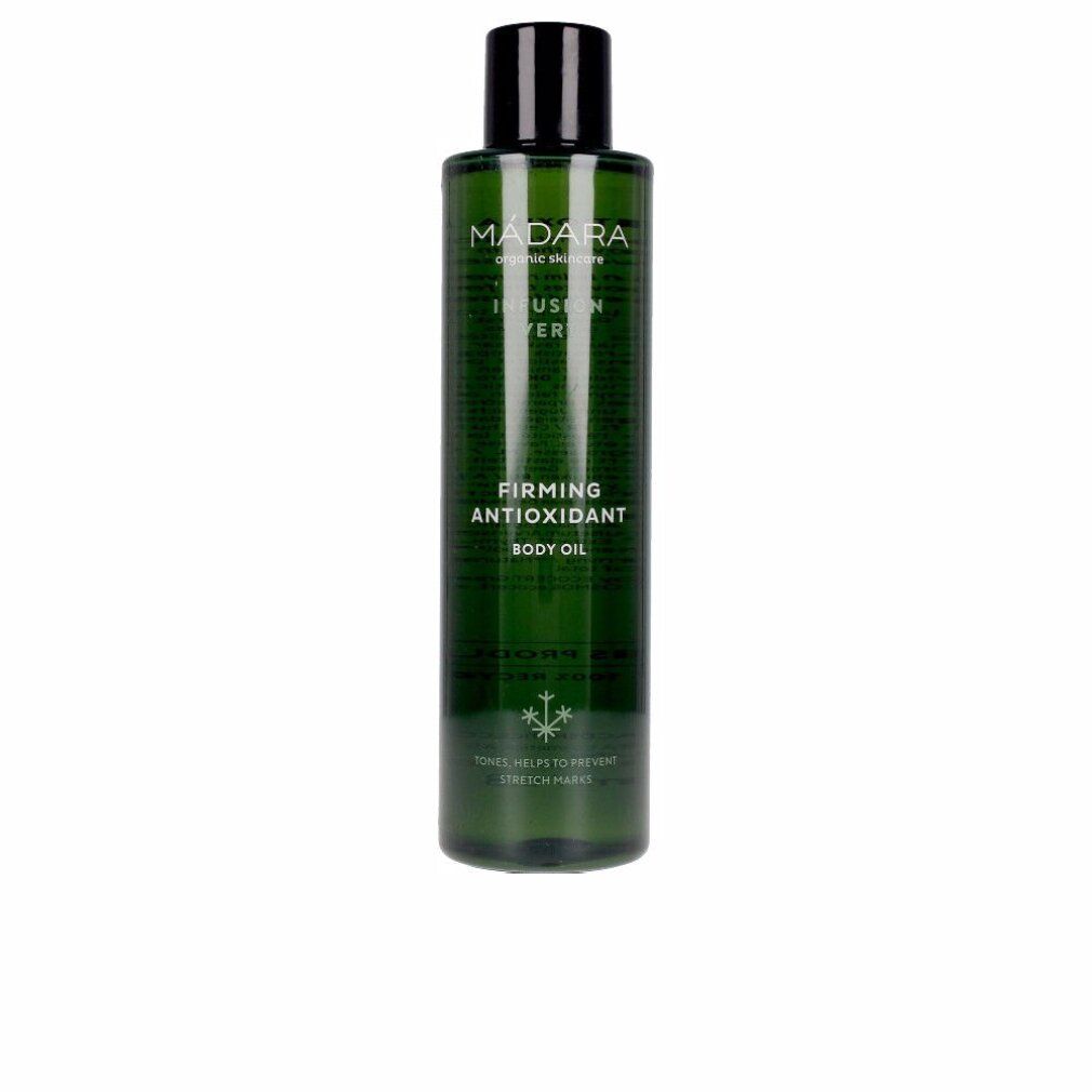 Flacone verde con tappo nero. Scritta: MÁDARA, Infusion Vert, Firming Antioxidant Body Oil.