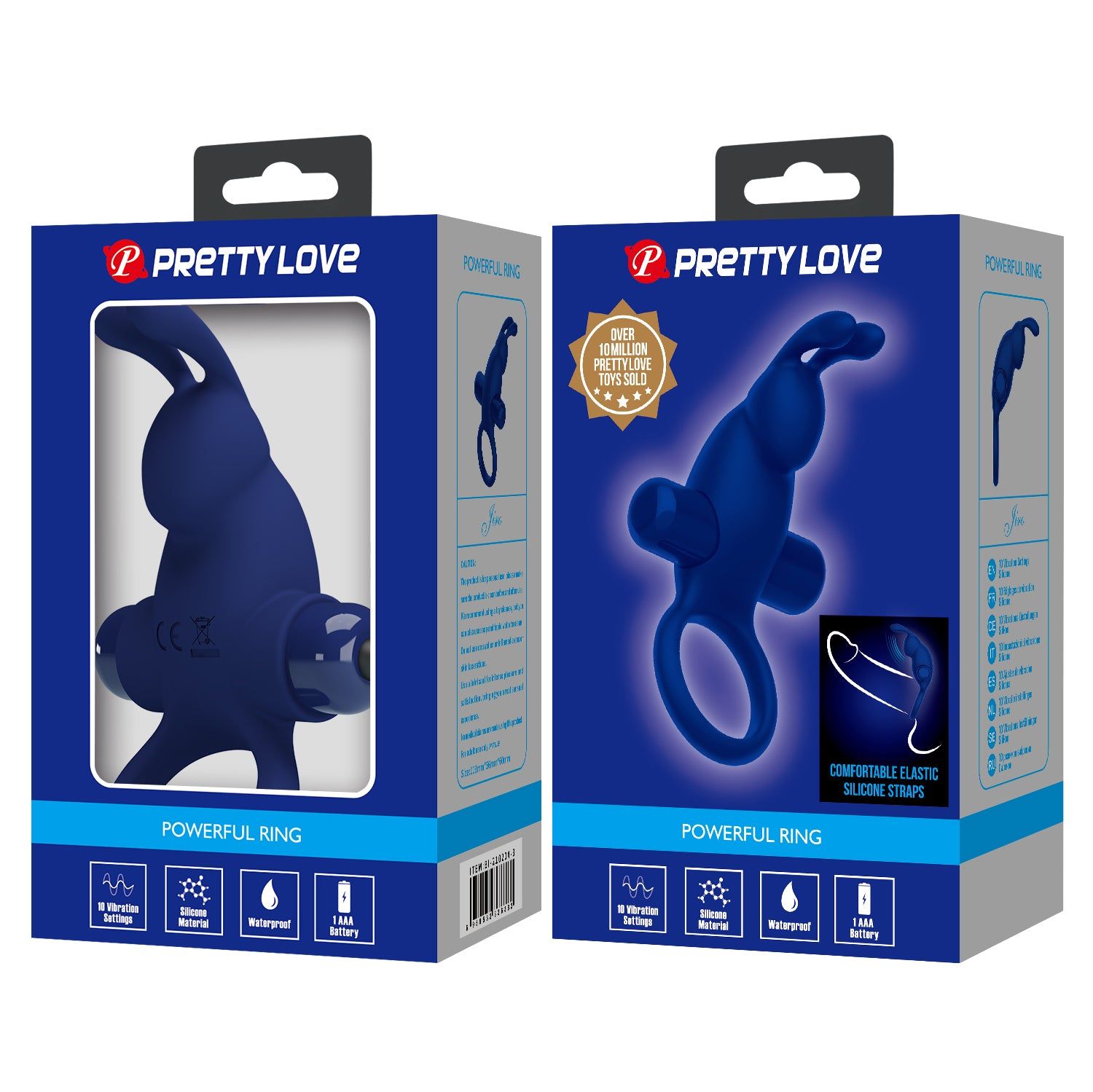 Due confezioni di prodotti. Scritta: PRETTY LOVE. Contiene un anello blu con design a orecchie di coniglio.