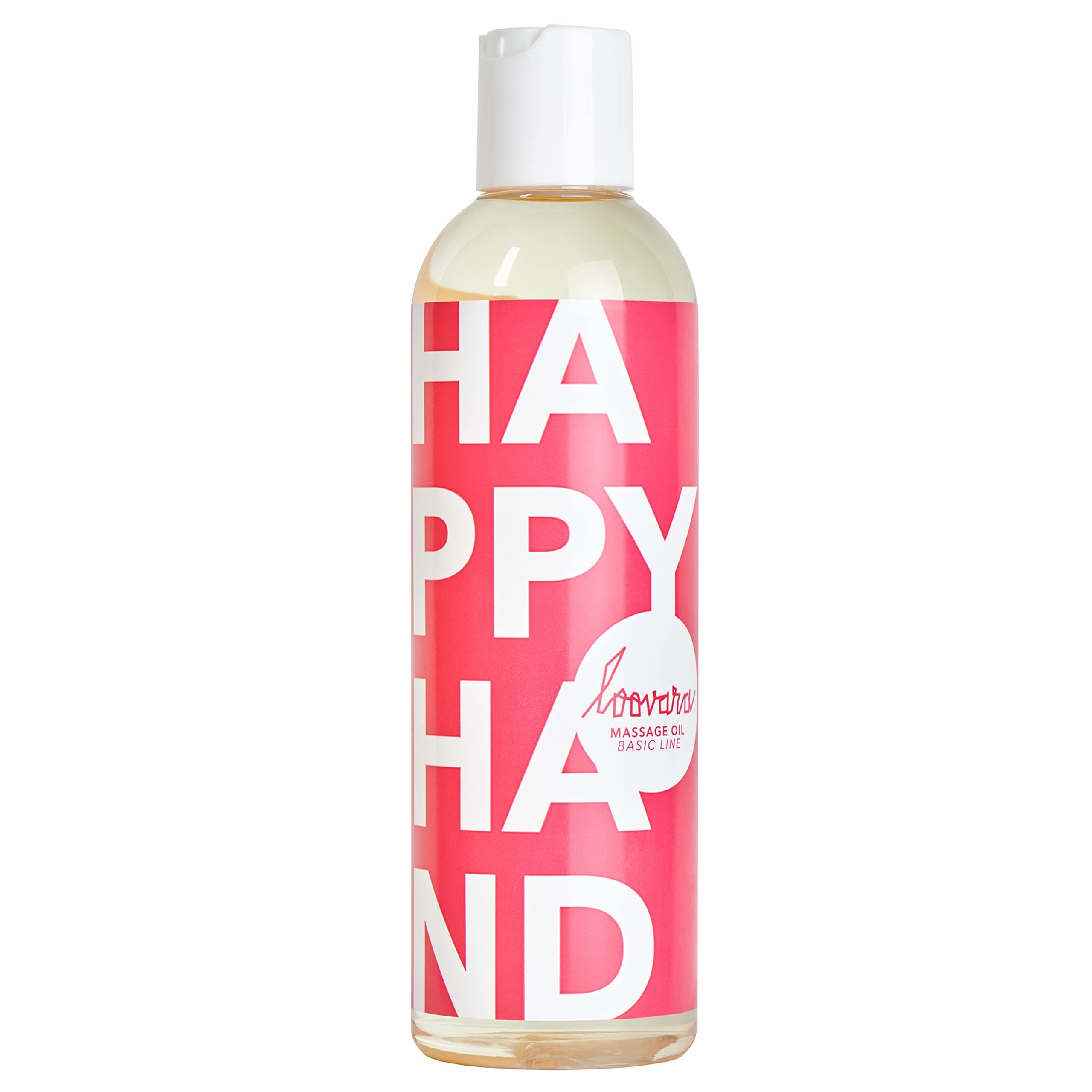Flacone olio massaggio Loovara Happy Hand con scritta 'HAPPY HAND' e logo.