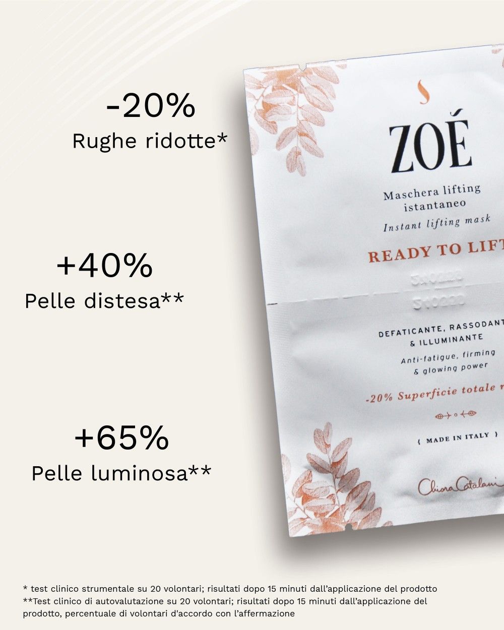 Busta con testo: ZOE, READY TO LIFT, Maschera lifting istantaneo. Grafici mostrano risultati.