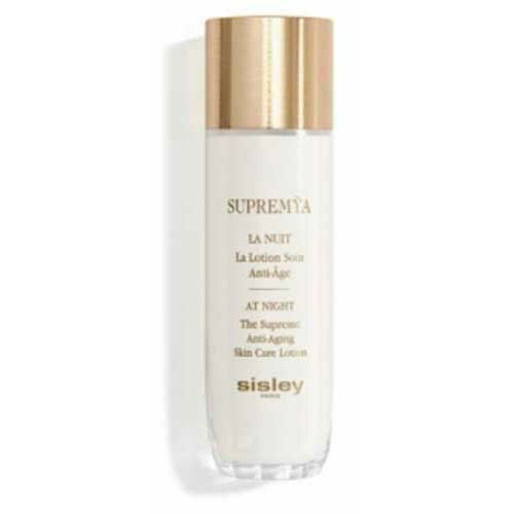 Flacone bianco con tappo dorato. Scritte: Supremya, La Nuit, Anti-Age, Sisley Paris. Base trasparente.