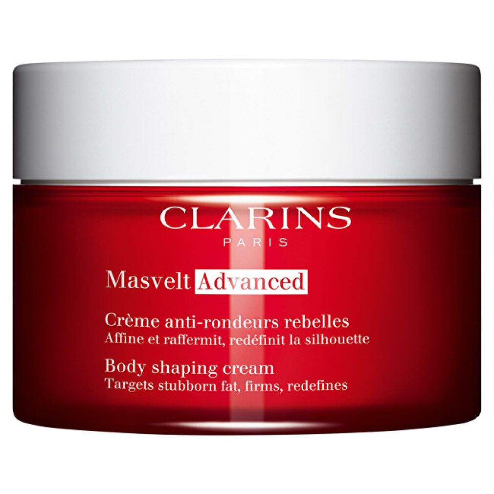 Vaso rosso con coperchio bianco. Scritta: Clarins, Masvelt Advanced, Body shaping cream.