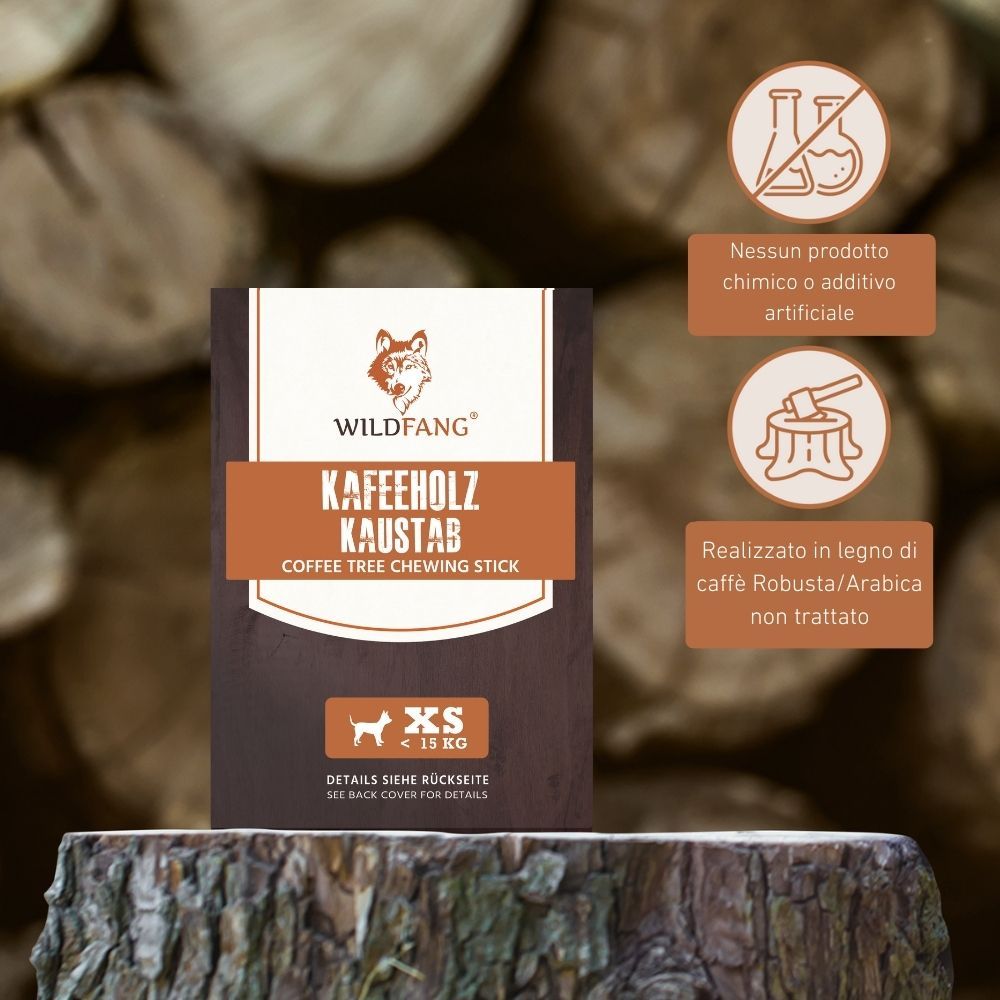 Confezione con bastoncino masticabile in legno di caffè. Logo e nome del prodotto. Icone: senza chimici, legno Robusta.