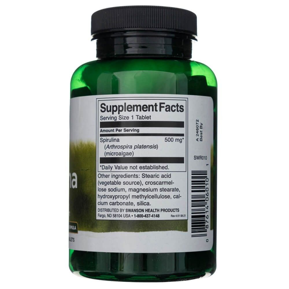 Retro di un flacone verde di spirulina Swanson, informazioni nutrizionali.
