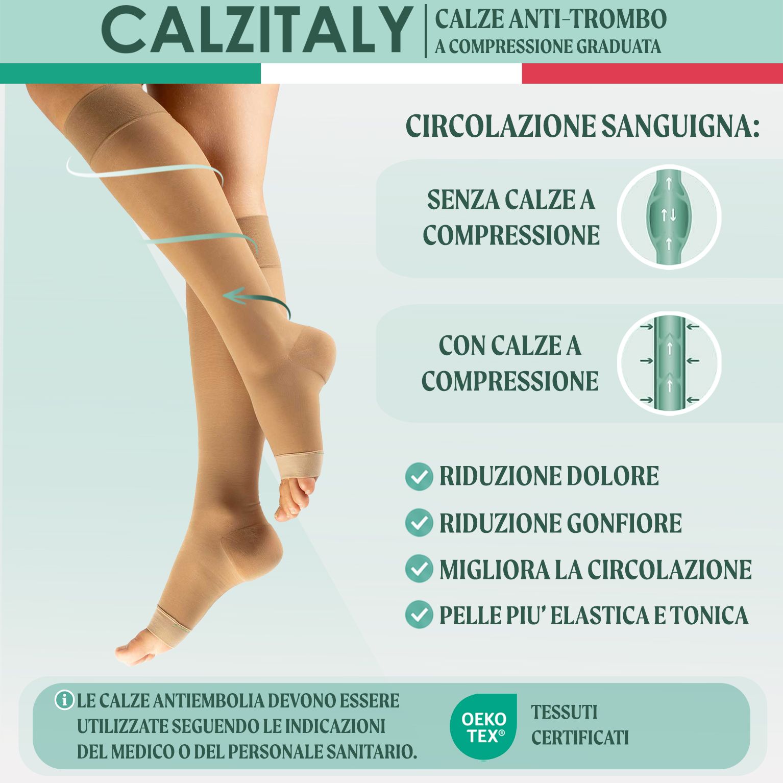 CALZITALY Gambaletti anti-trombo a punta aperta - 18-23 mm/Hg, Gambaletti Medicali Made in Italy