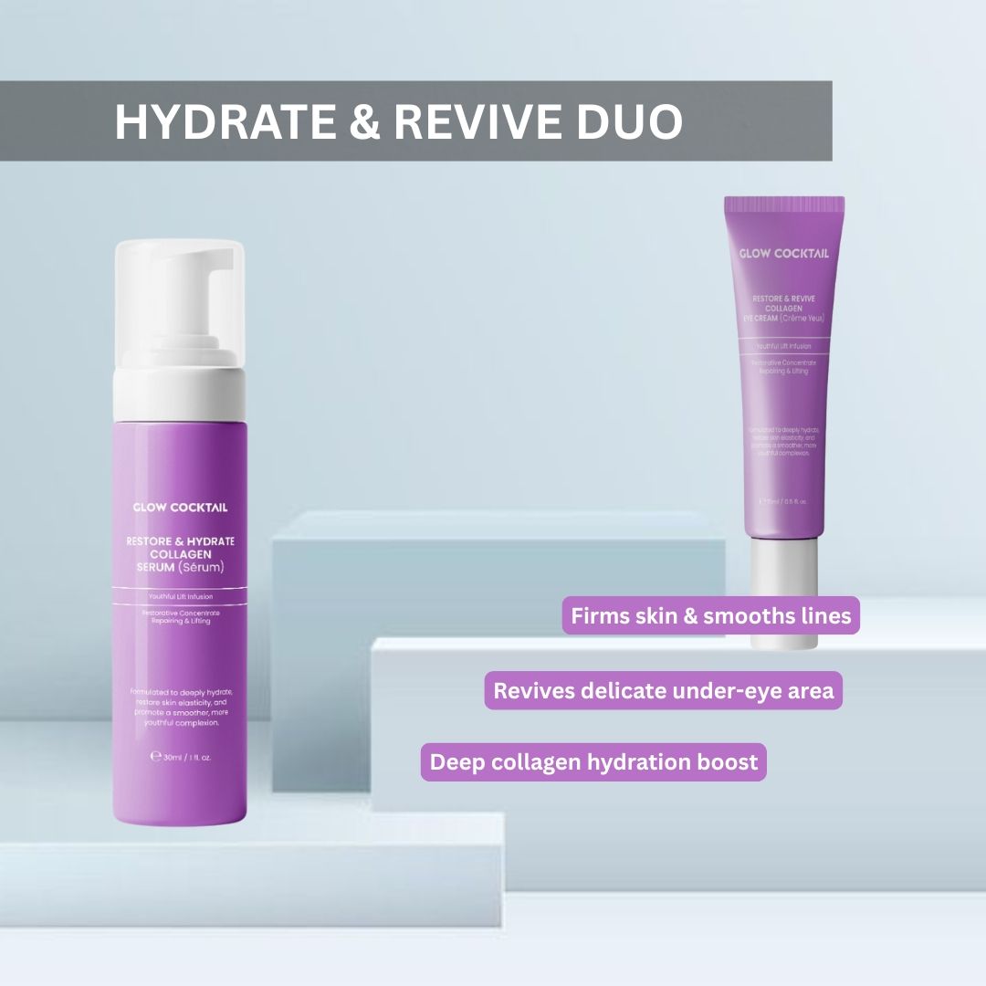 Glow Cocktail Siero e Crema Occhi su piedistalli. Testo: Hydrate & Revive Duo.