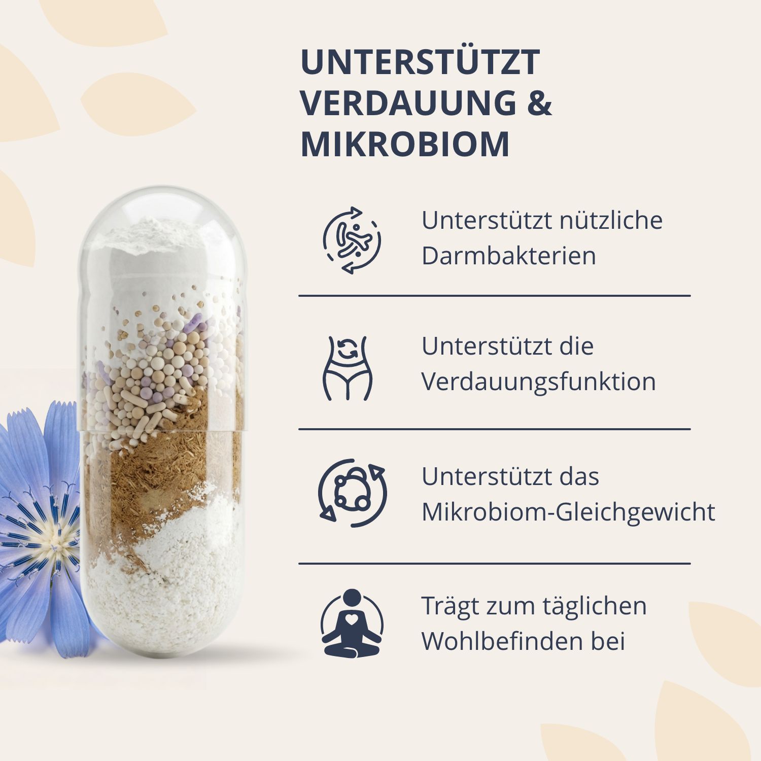 Capsula ingrandita di Golden Tree Complete Biotics mostra il contenuto: probiotici, prebiotici, inulina. Supporta digestione e microbiota.