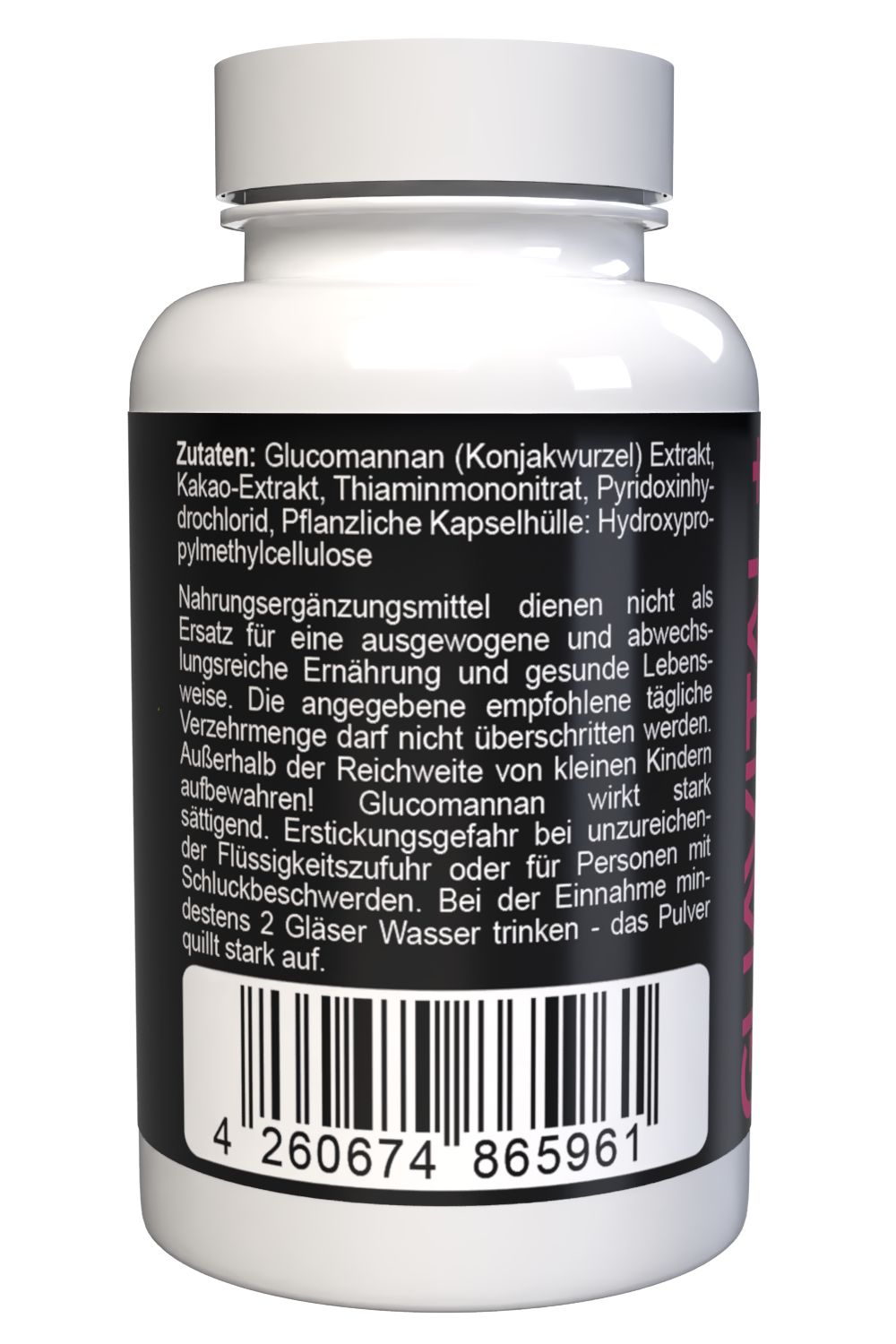 Retro di un flacone di capsule bianco. Etichetta nera con elenco ingredienti e avvertenze. Codice a barre in basso.