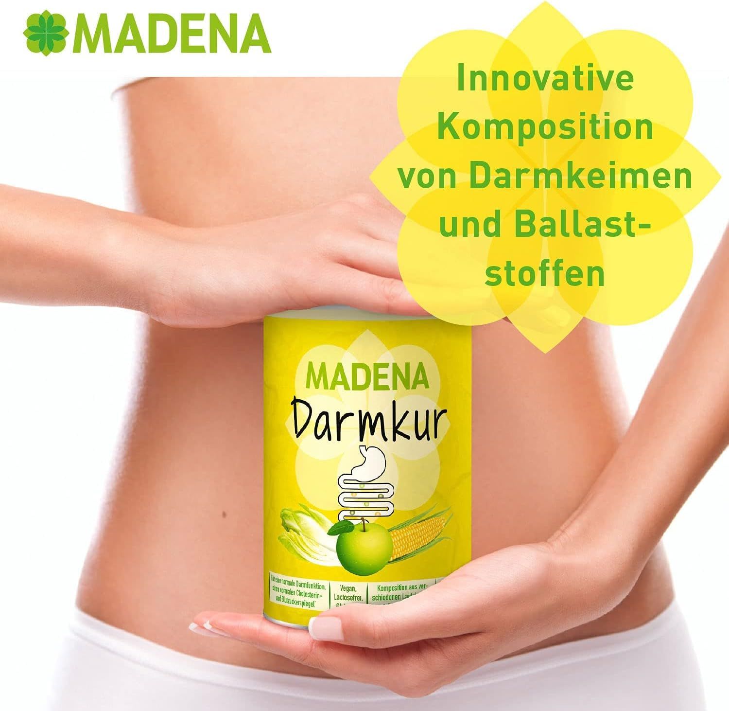 Donna tiene barattolo giallo MADENA Darmkur davanti alla pancia. Testo giallo: Composizione innovativa di germi intestinali e fibre.