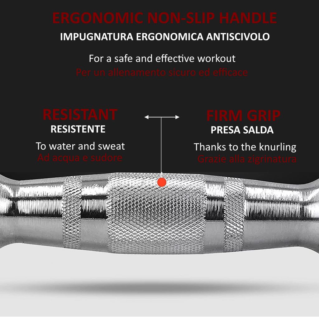 Impugnatura in metallo zigrinato. Ergonomica, antiscivolo. Resistente ad acqua e sudore.