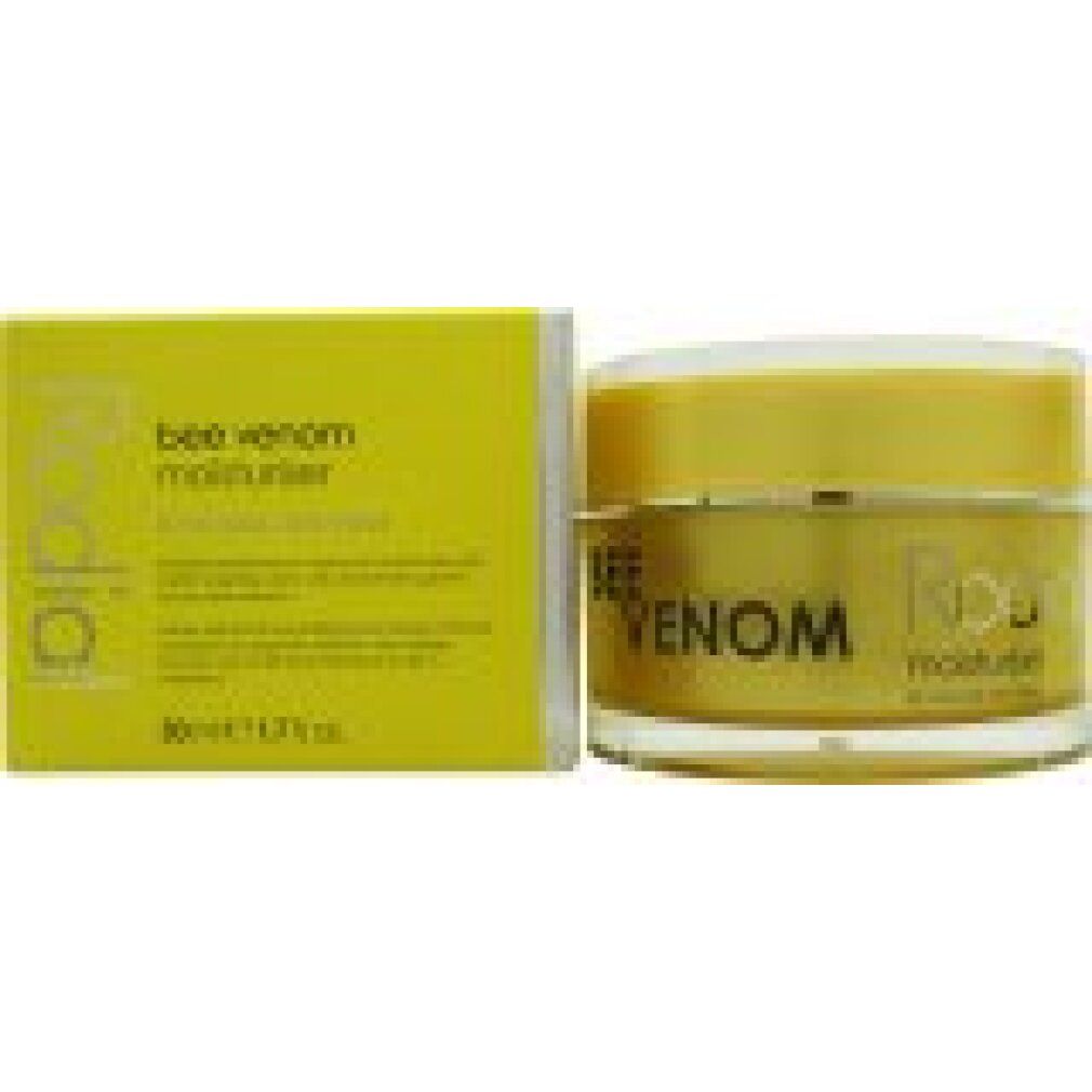 Scatola gialla e vaso di crema. Scritta: bee venom moisturiser. Vaso: BEE VENOM, Rodial, moisturiser. Scatola: 50ml/1.7 fl.oz.