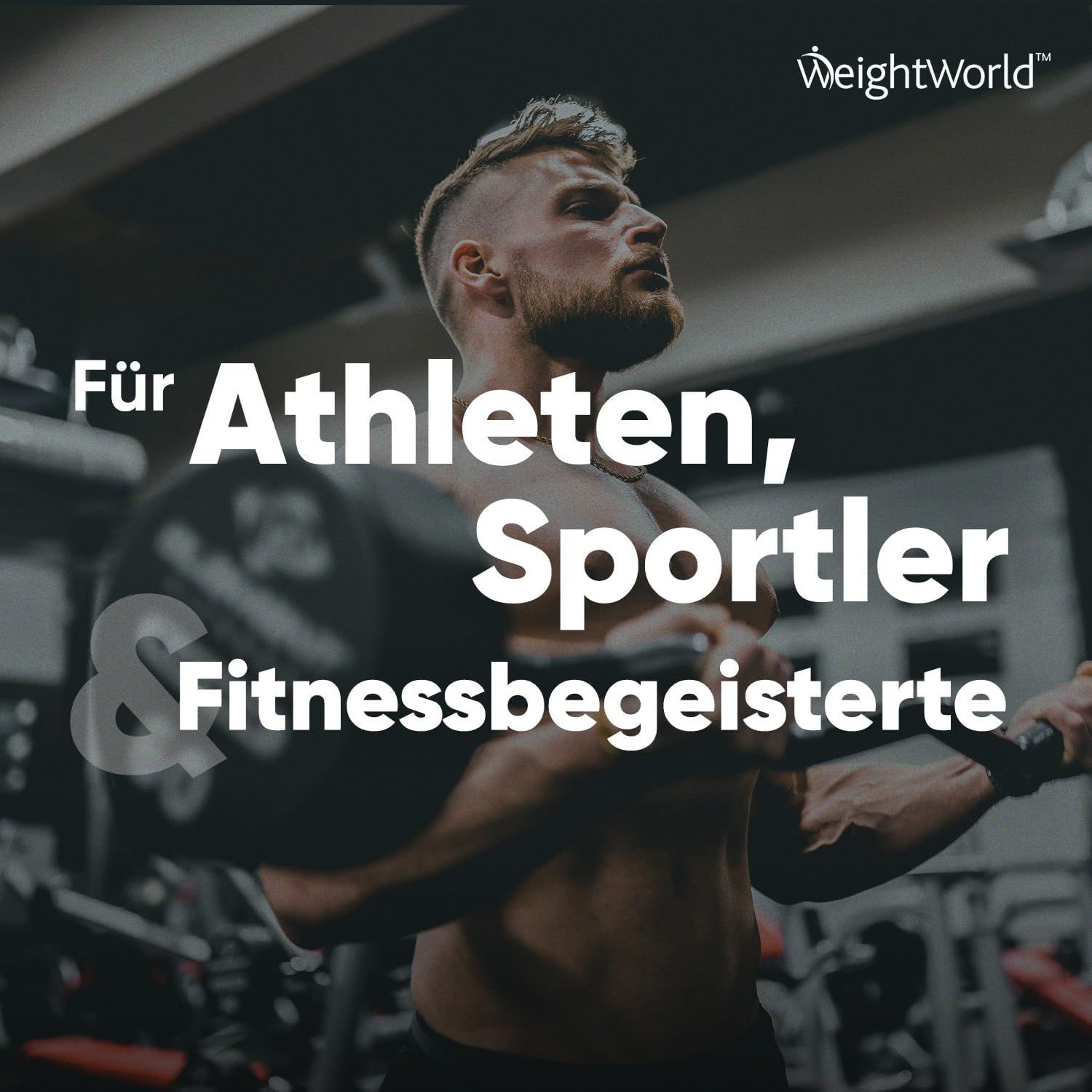 Uomo con la barba che solleva pesi. Testo: Per atleti, sportivi e appassionati di fitness. Logo WeightWorld.