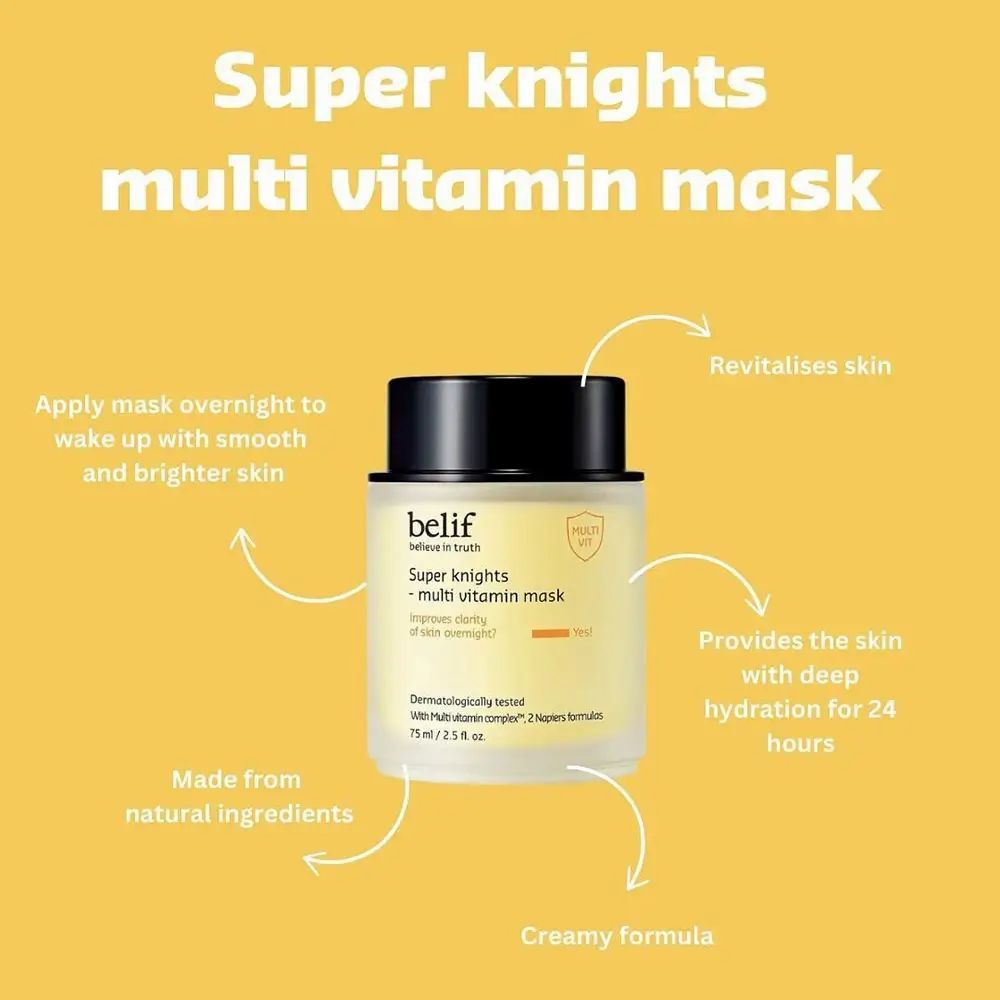 Prodotto Belif Super Knights Multi-Vitamin Mask. Vasetto giallo con coperchio nero. Testo: Rivitalizza la pelle, idrata, ingredienti naturali.