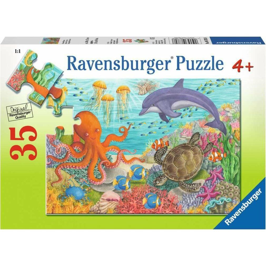 Scatola puzzle con motivo sottomarino. Polpo, tartaruga e delfino sono raffigurati. 35 pezzi, puzzle Ravensburger, dai 4 anni.