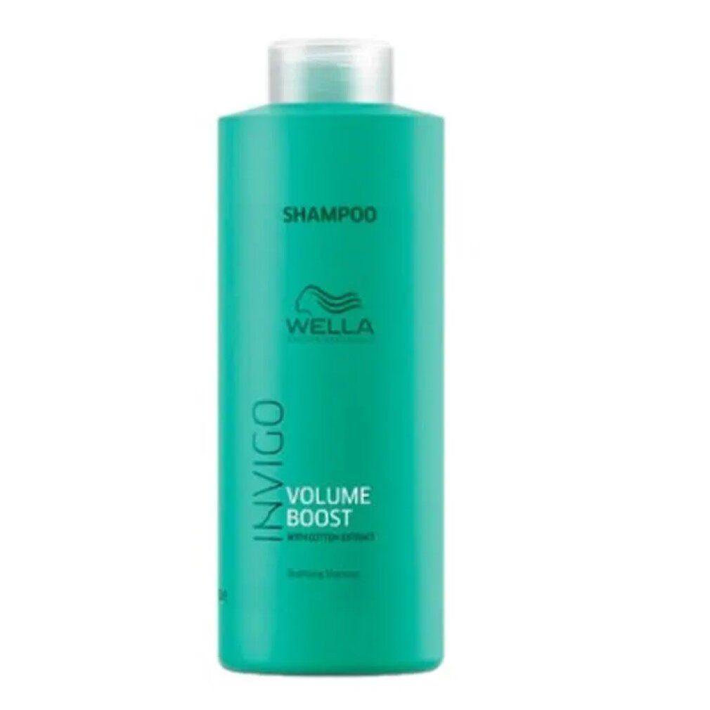 Flacone di shampoo turchese con tappo bianco. Scritta: INVIGO, VOLUME BOOST, Wella. Estratto di cotone.