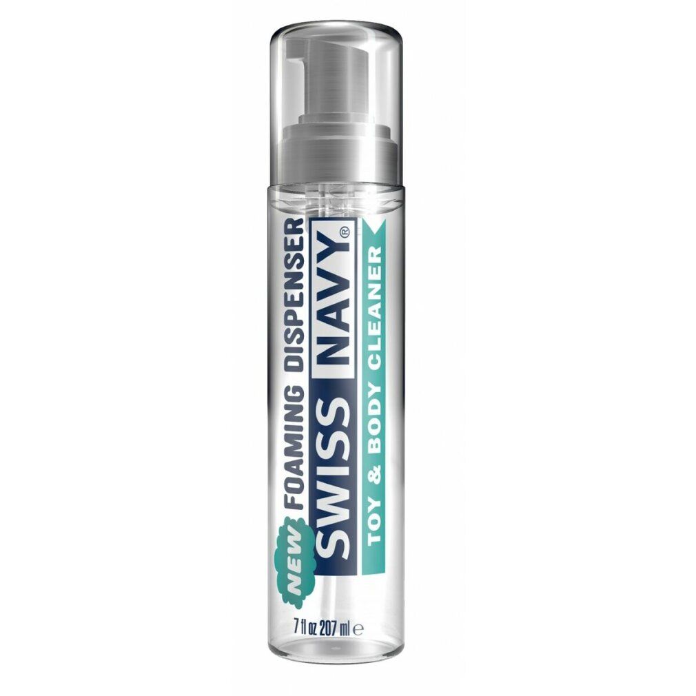 Flacone trasparente con erogatore a pompa. Scritta: Swiss Navy Toy & Body Cleaner. 7 fl oz.