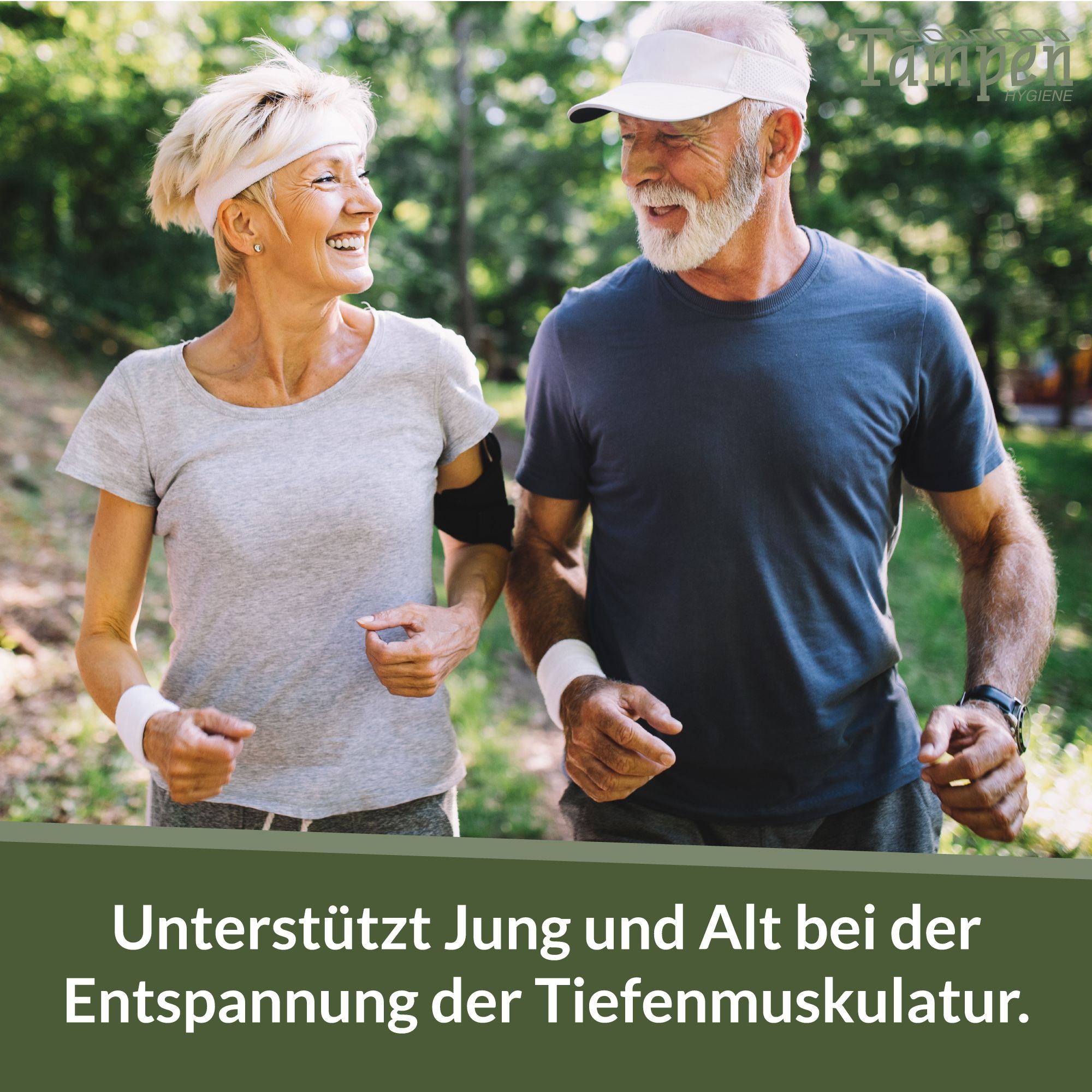 Coppia anziana che fa jogging. Testo: Supporta giovani e anziani nel rilassamento della muscolatura profonda. Marchio Tampen.