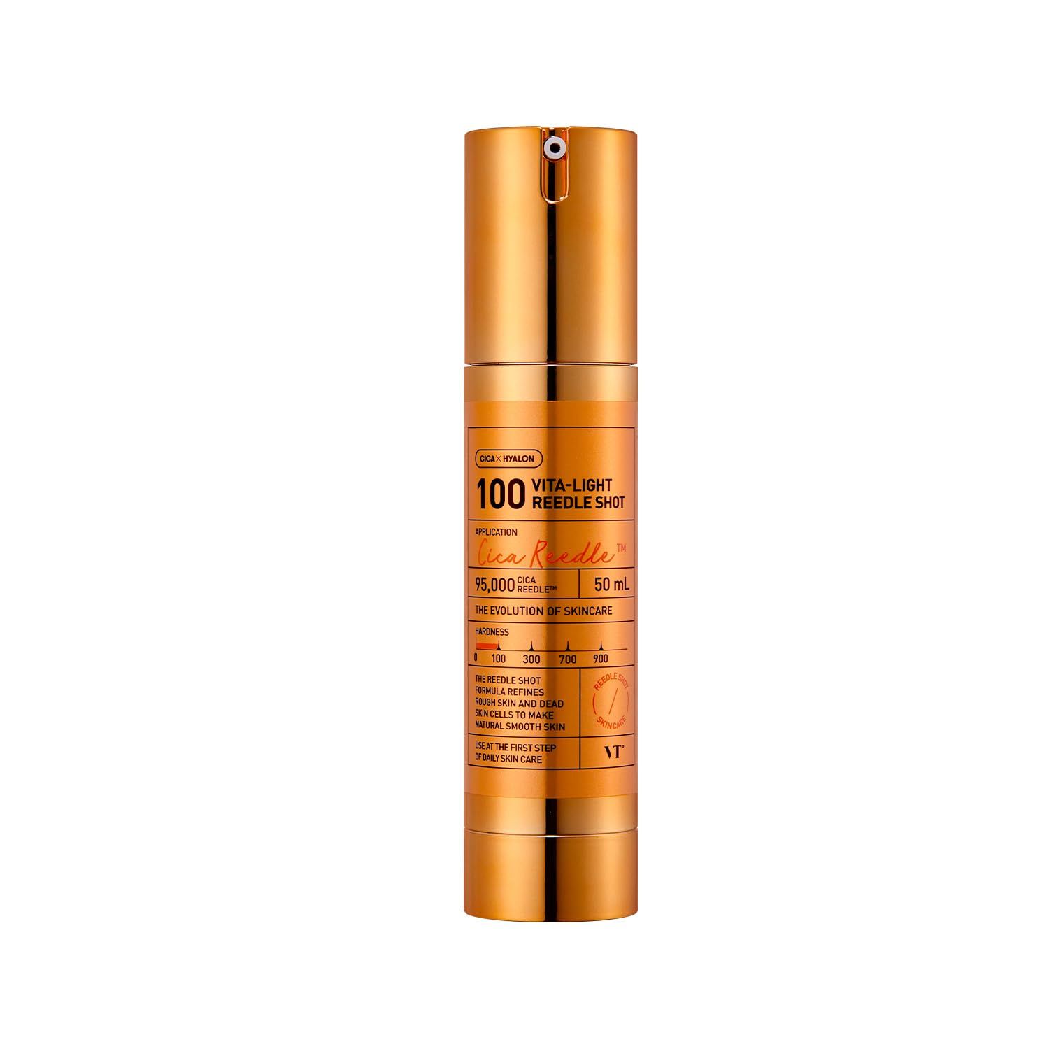 Flacone dorato VT Cosmetics Vita-Light Reedle Shot 100, 50ml. Vista dettagliata.