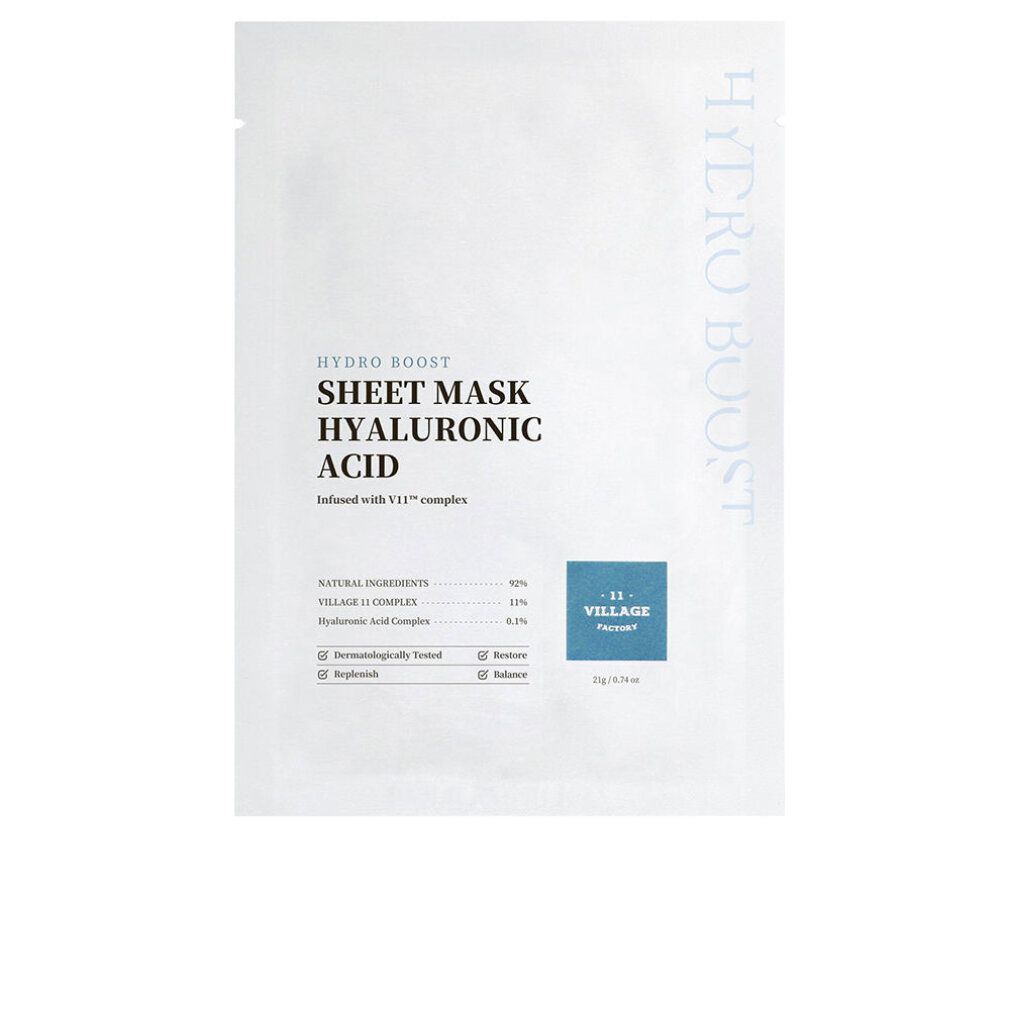 Confezione bianca con testo: Hydro Boost Sheet Mask Hyaluronic Acid. Angolo blu con logo. Scritta verticale: Hydro Boost.