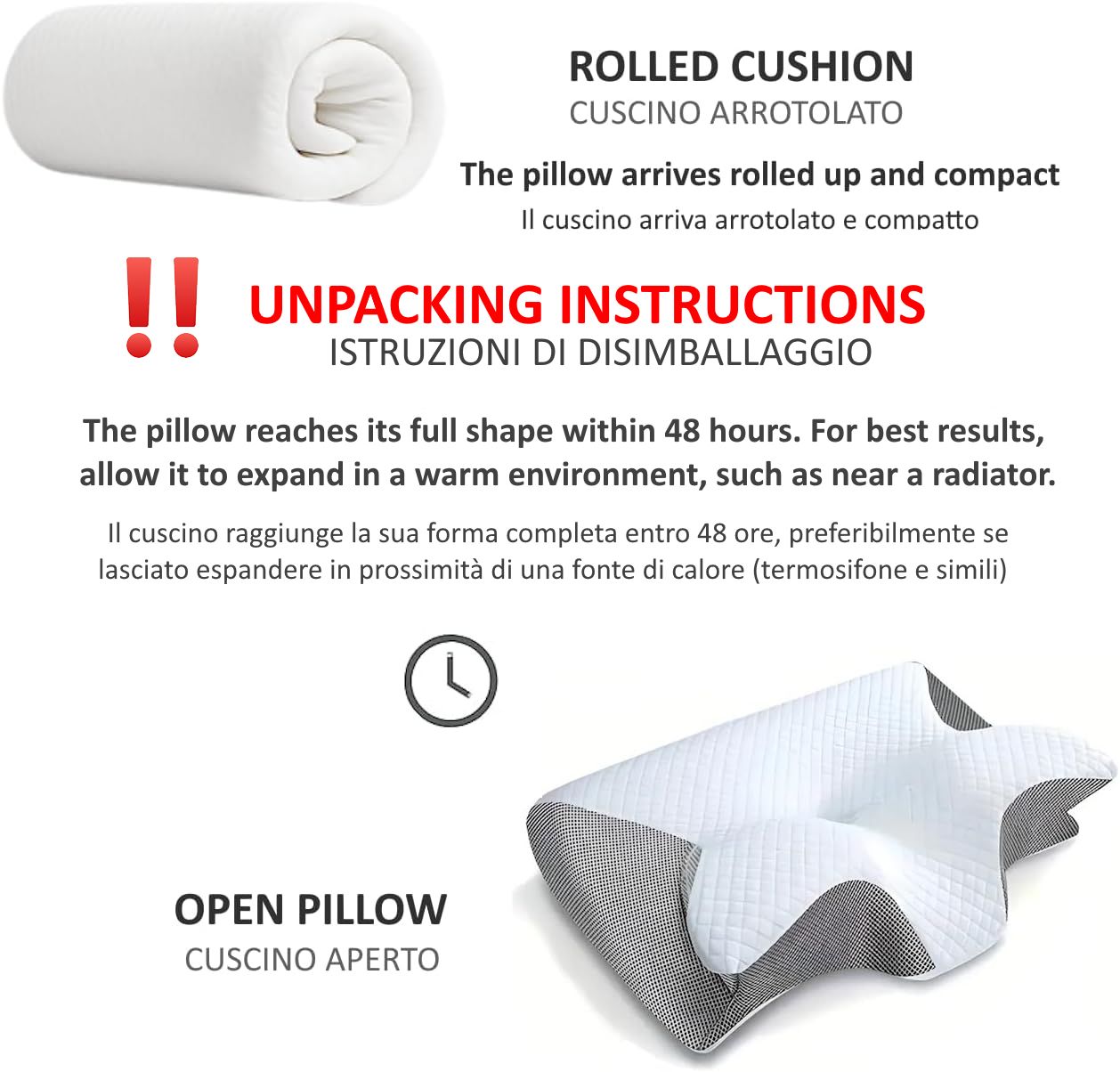 Cuscino cervicale in memory foam arrotolato, confezionato in modo compatto.