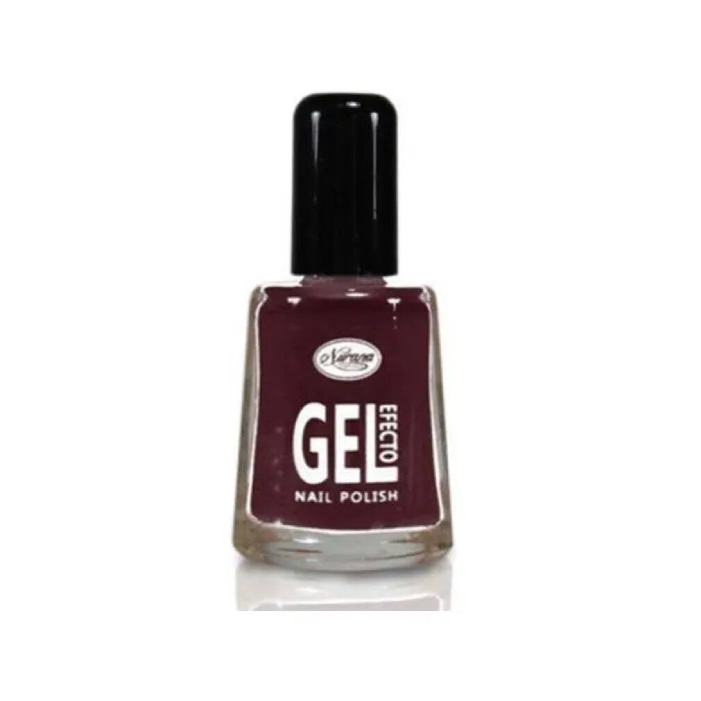 Flacone di smalto per unghie. Smalto gel bordeaux con tappo nero. Scritta: Nurana, GEL, EFFETTO, NAIL POLISH.