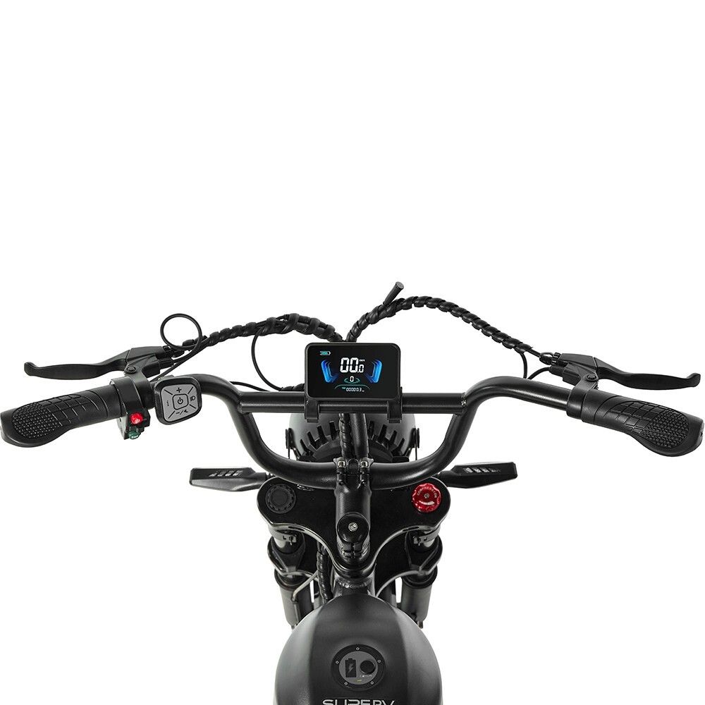 Vista dall'alto del manubrio e del display. Manopole nere, display con indicazioni. Cavi neri. Comandi rossi e verdi.