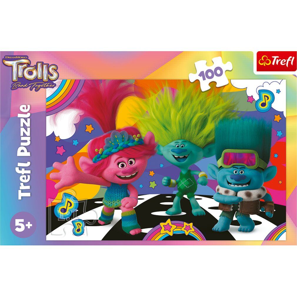 Puzzle Trefl Trolls, 100 pezzi. Puzzle con personaggi Trolls. Logo, età consigliata 5+. Figure su sfondo colorato con note e arcobaleno.