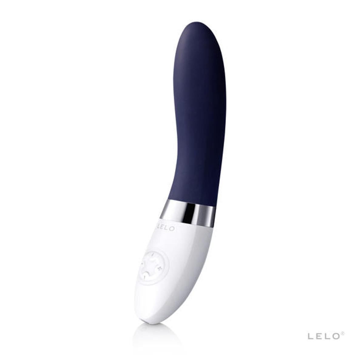 Vibratore blu e bianco dalla forma arrotondata. Il logo del marchio LELO è visibile sul prodotto.