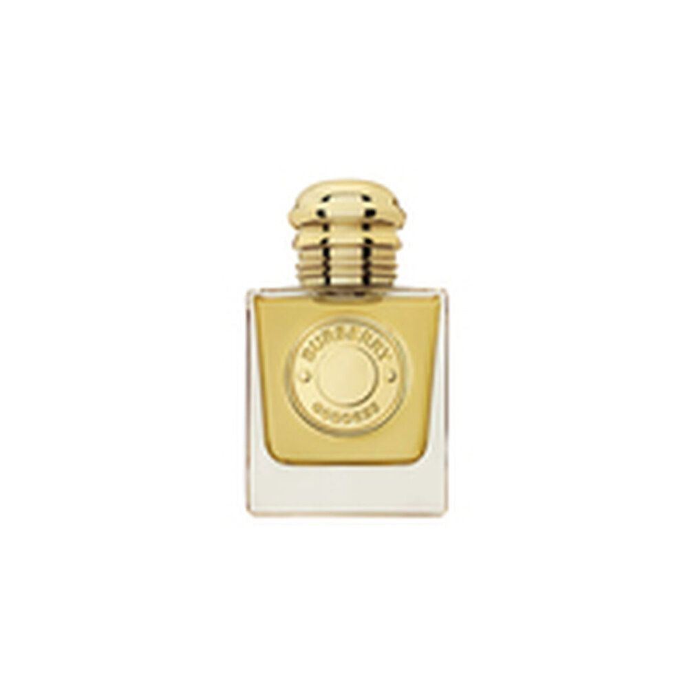Burberry Goddess Intense Eau de Parfum. Flacone quadrato con tappo dorato e logo. Liquido dorato visibile.