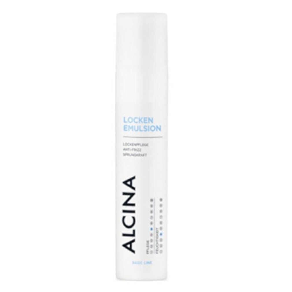 Flacone bianco con scritta blu "Locken Emulsion" e logo "Alcina". Vista verticale.