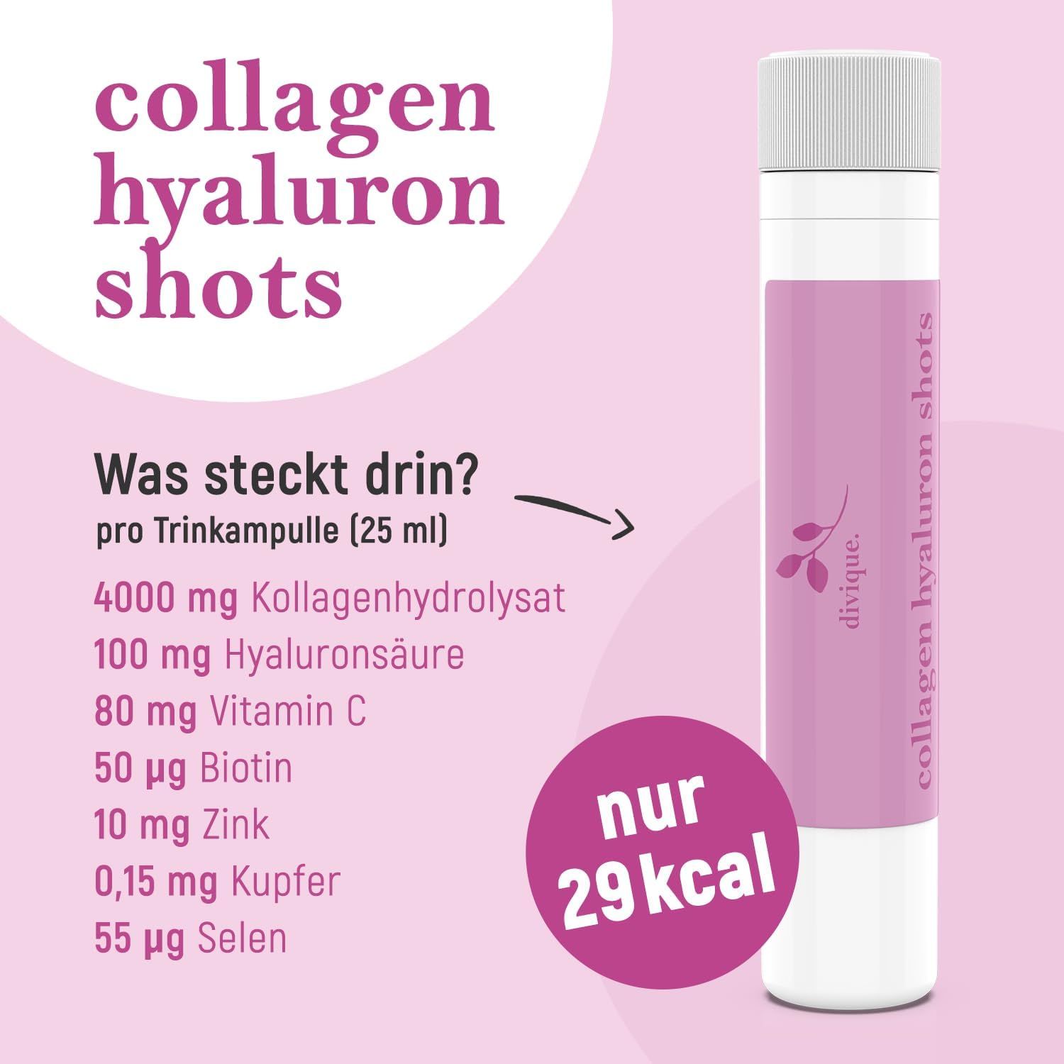 Fiala da bere con ingredienti: collagene, acido ialuronico, vitamina C, biotina, zinco, rame, selenio. 29 kcal.