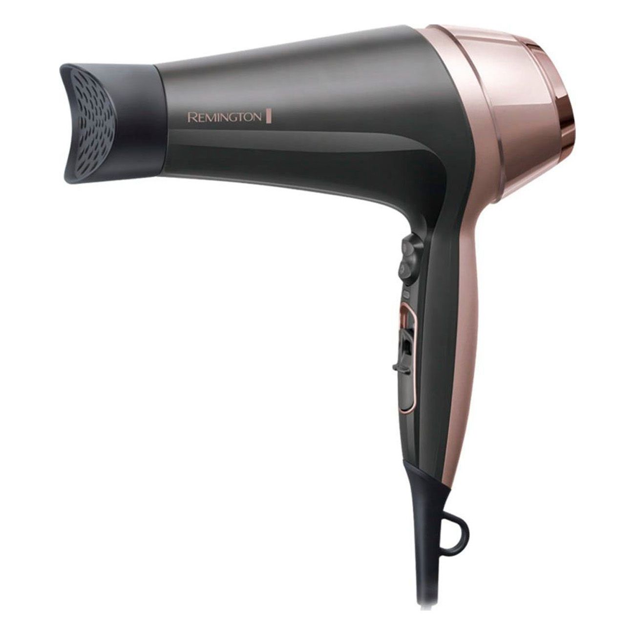 Donna con asciugacapelli e spazzola rotonda. Asciugacapelli con logo Remington. Asciugacapelli nero, oro rosa.