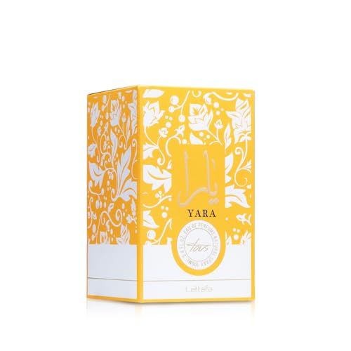 Confezione gialla di Yara Tous Eau de Parfum. Design floreale. Sfondo bianco. Scritta Yara.