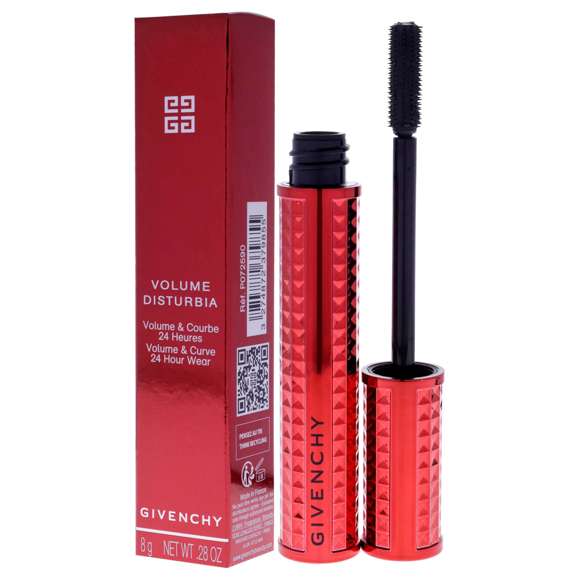 Tubo e confezione mascara rossi. Pennello nero. Testo: VOLUME DISTURBIA, GIVENCHY, 8 g NET WT. 28 OZ.