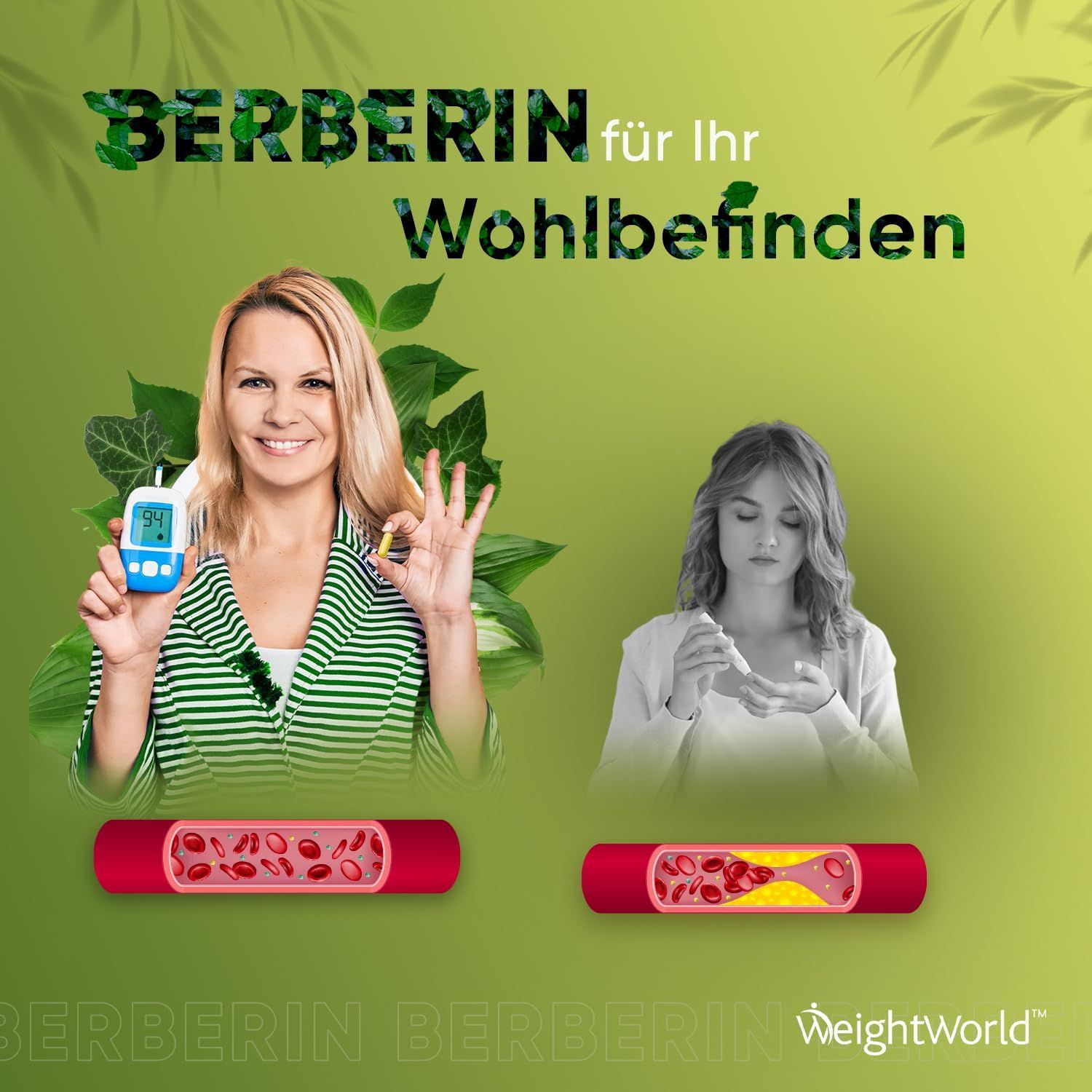 Immagine del prodotto capsule di berberina con persone e testo. Contiene informazioni su ingredienti e caratteristiche.