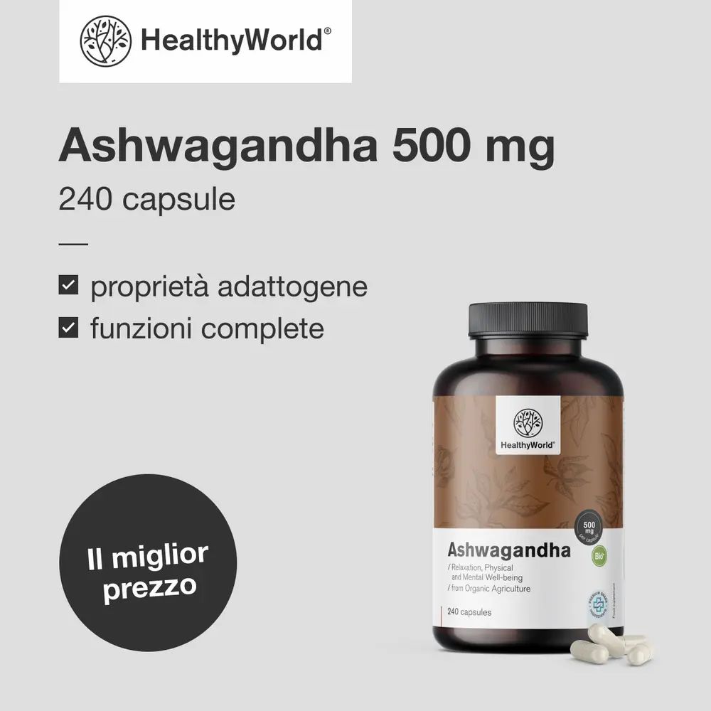Pubblicità per Ashwagandha 500 mg, 240 capsule. Donna che medita. Testo: Affidati all'antica saggezza dell'Ayurveda.