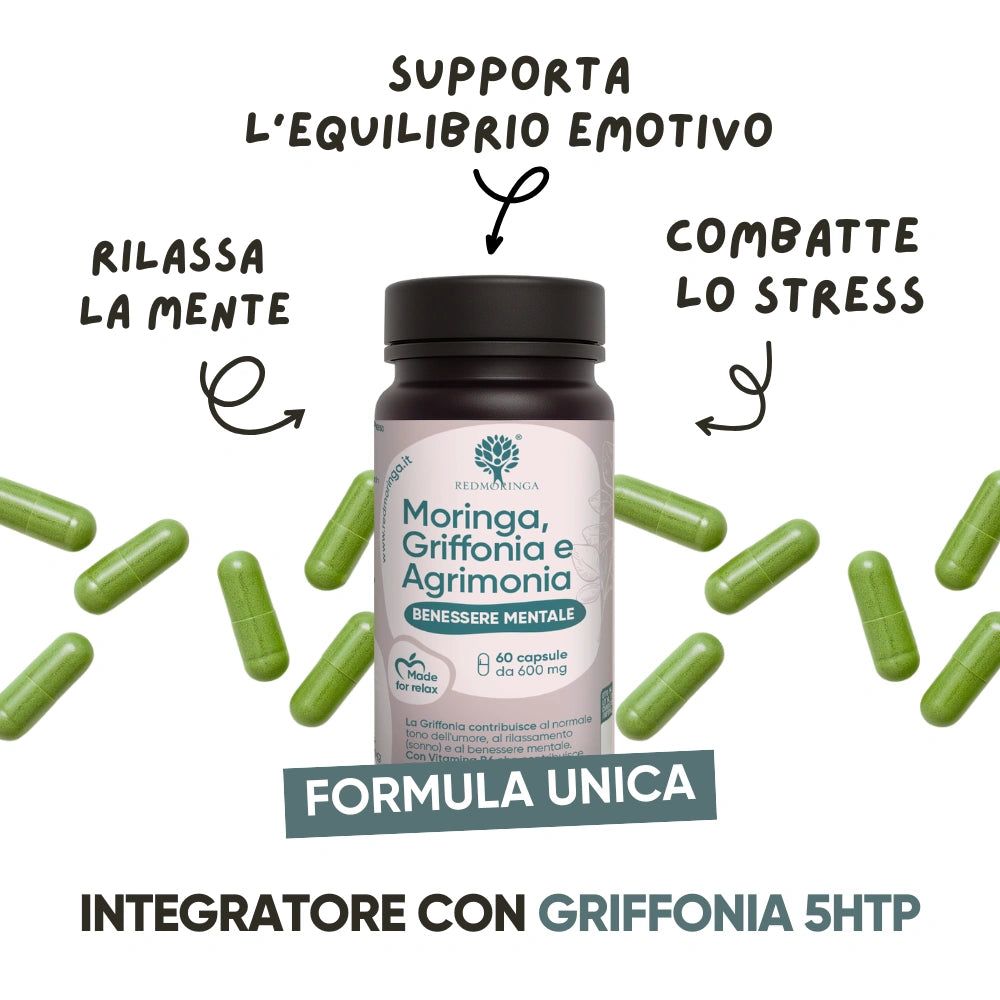 Flacone marrone con capsule verdi. Testo: Moringa, Griffonia e Agrimonia, Integratore con Griffonia 5HTP.